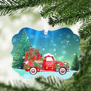 Red Truck Winter Scene - Benelux Sublimation Ornament - PNG Design - Digital Download