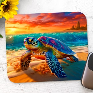 May include: A colorful sea turtle walks on a sandy beach at sunset. The turtle has a blue, green, and purple shell. The background is a vibrant orange and pink sunset with a blue ocean.
