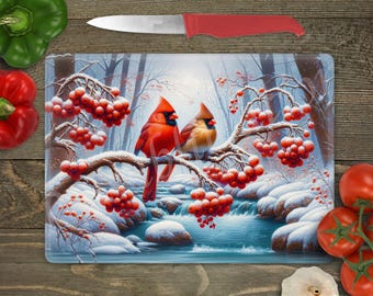 Glass Cutting Board Sublimation - Cardinals By a Winter Creek - Cutting Board Design - 15.5 x 11.25 Inch - JPEG Download