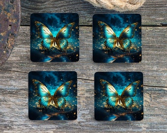 Sottobicchieri quadrati a sublimazione - Farfalla blu e oro - Set di 4 sottobicchieri - Download PNG