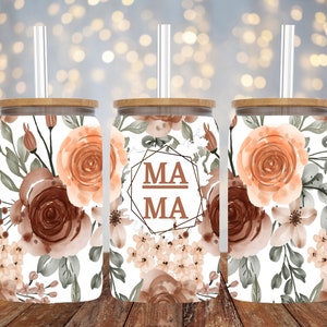 16oz Libbey Sublimation - Beige Flowers MAMA - Libbey Glass Can Wrap - PNG Design