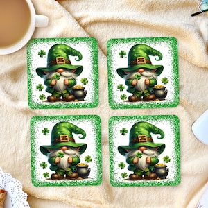 Sublimation Square Coasters - St Patrick Day Gnome - Set of 4 Coaster Design - PNG Download