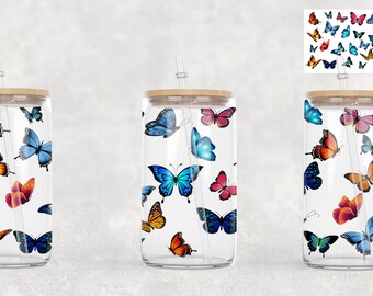 16oz Libbey Glass Can Sublimation Butterflies Wrap PNG Design
