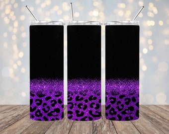 20oz Sublimation - Black and Purple Leopard Print - Add Text - Straight Tumbler Wrap - PNG Design- 20oz Skinny Tumbler Wrap Design