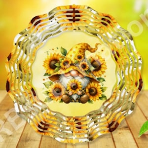 May include: A yellow and white wind spinner featuring a gnome holding sunflowers. The gnome is wearing a yellow hat decorated with sunflowers. The wind spinner is surrounded by sunflowers.