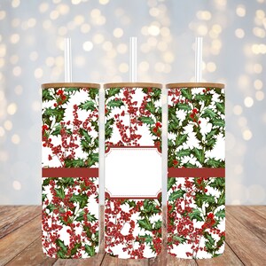 20oz/17oz Sublimation - Christmas Foilage Add Text - Glass Tumbler Wrap - PNG Design