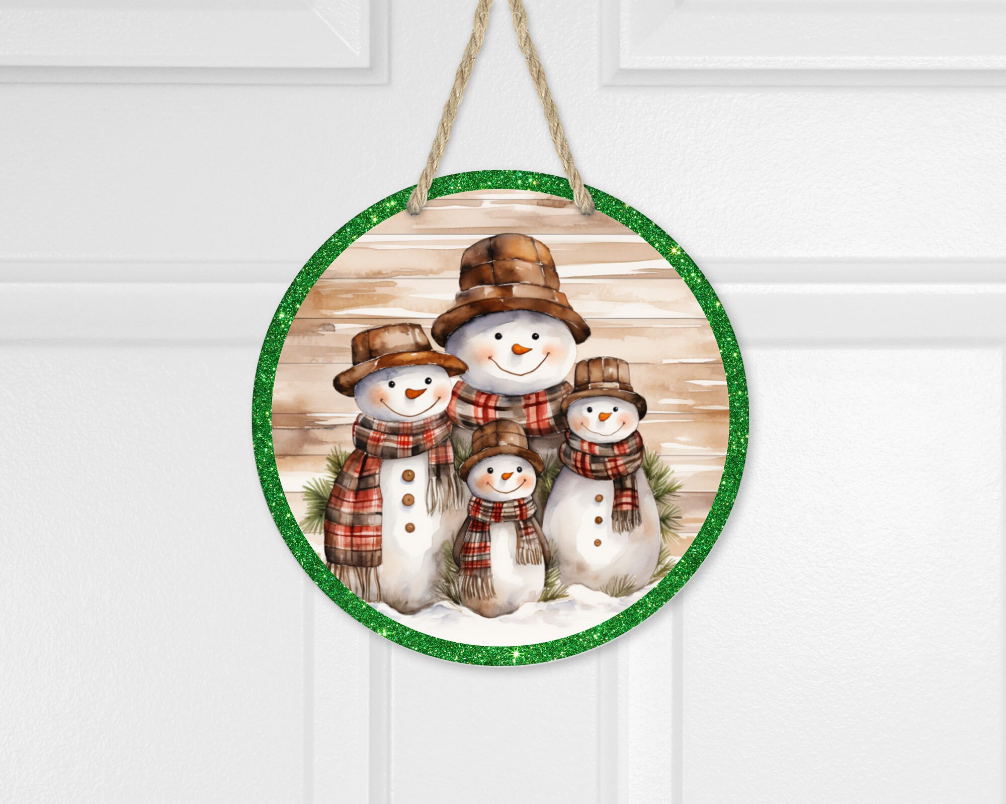 Round Sublimation Door Hanger PNG Design - Watercolor Snowmen - 12 Inch ...
