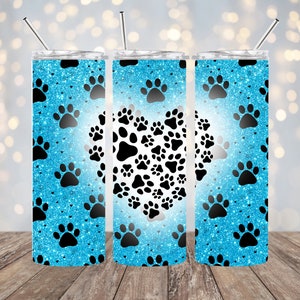 20oz Sublimation - Blue Glitter Paw Prints - Straight Tumbler Wrap - PNG Design- 20oz Skinny Tumbler Wrap Design
