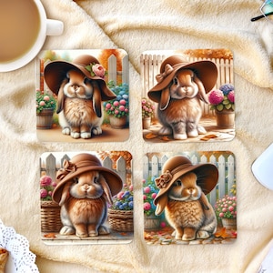 Posavasos cuadrados para sublimación - Conejito de otoño - 4 diseños - Descarga PNG