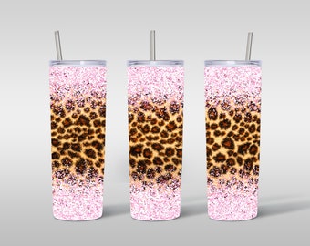 20oz Sublimation Tumbler Pink Glitter Leopard Print Straight Tumbler Wrap PNG Design- 20oz Skinny Tumbler Wrap Design