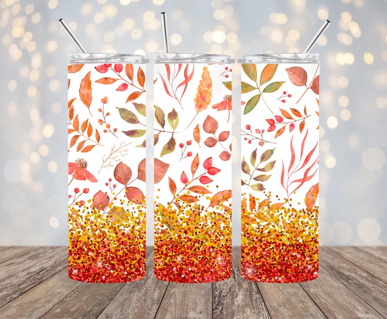 20oz Sublimation - Fall Leaves and Glitter - Straight Tumbler Wrap ...