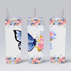 20oz Sublimation Tumbler Blue Butterfly and Flowers Straight Tumbler Wrap PNG Design- 20oz Skinny Tumbler Wrap Design