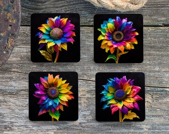 Sublimation Square Coasters - 3D Rainbow Sunflower - Set of 4 Coaster Design - PNG Download