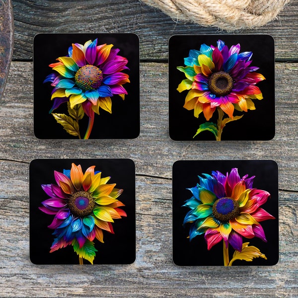 Sublimation Square Coasters - 3D Rainbow Sunflower - Set of 4 Coaster Design - PNG Download