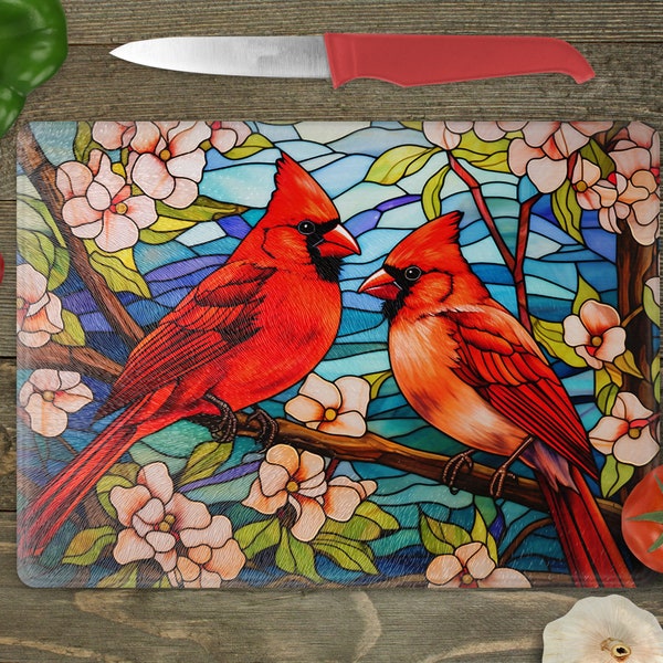 Glass Cutting Board Sublimation - Stained Glass Cardinals - Cutting Board Design - 15.5 x 11.25 Inch - PNG Download