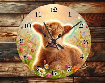 Spring Highland Cow - Wall Clock Design - With Numbers - PNG Design - Digital Download