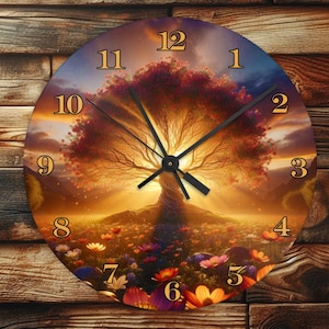 May include: A round clock with a colorful image of a tree with a sunset in the background. The clock face has Roman numerals and black hands.