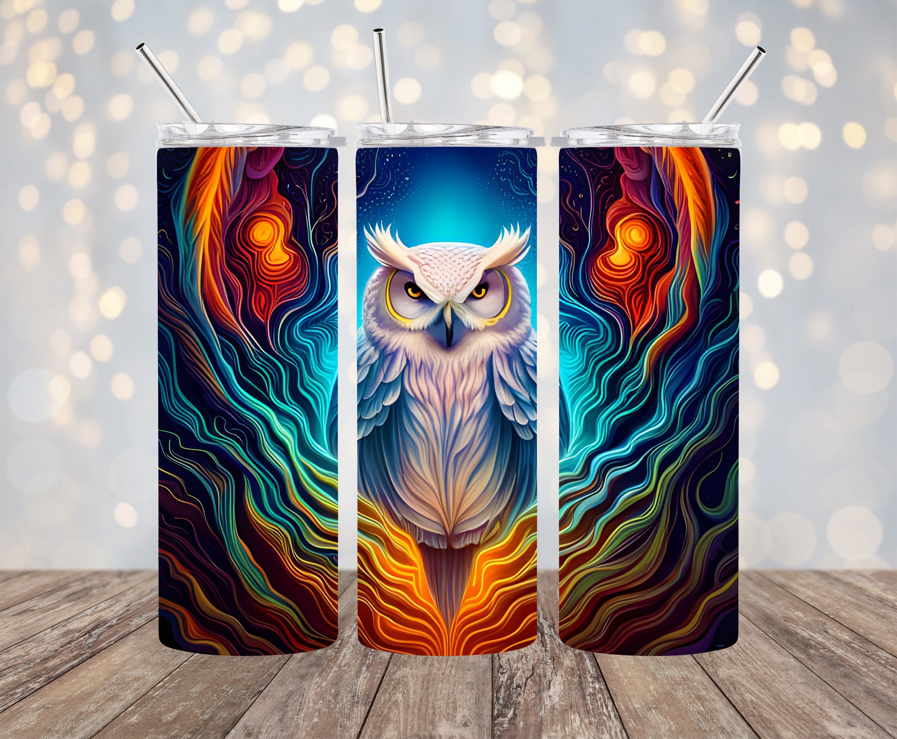 20oz Sublimation - 3D Celestial Owl - Straight Tumbler Wrap - PNG Design- 20oz Skinny Tumbler Wrap D