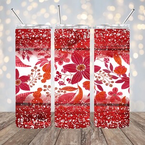 20oz Sublimation - Autumn Flowers and Red Wood - Straight Tumbler Wrap - PNG Design- 20oz Skinny Tumbler Wrap Design