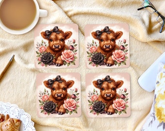 Sublimeringsunderlägg med fyrkantiga motiv - Baby Highland Cow - Set med 4 underläggsdesign - PNG-nedladdning
