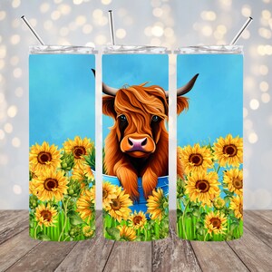 20oz Sublimation - Highland Cow In A Sunflower Field - Straight Tumbler Wrap - PNG Design- 20oz Skinny Tumbler Wrap Design