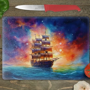 Glass Cutting Board Sublimation - Watercolor Nautical Ship - Cutting Board Design - 15.5 x 11.25 Inch - PNG Download-