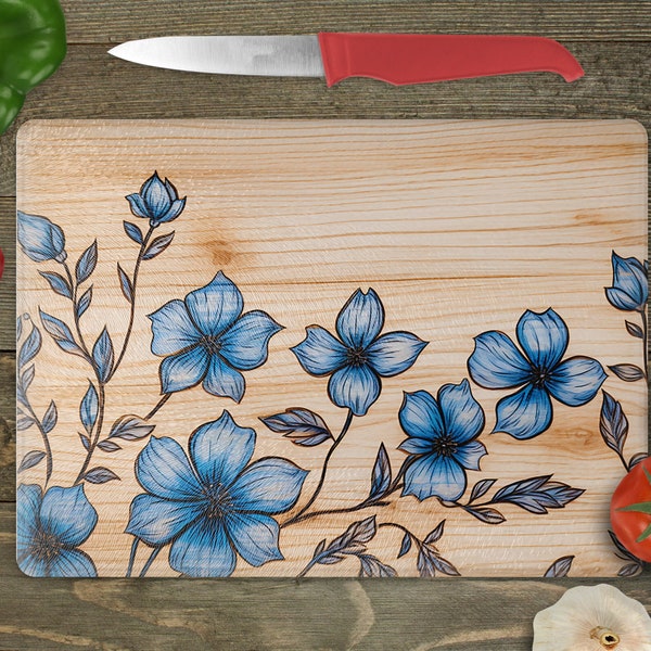 Glass Cutting Board Sublimation -Wood Burned Periwinkles - Cutting Board Design - 15.5 x 11.25 Inch - PNG Download