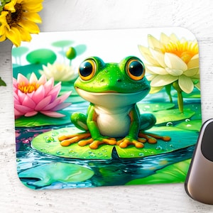 May include: A green frog with big eyes sits on a lily pad in a pond. The frog is surrounded by water lilies with pink and white flowers.