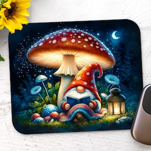 May include: A gnome wearing a red hat sits under a large red and white mushroom, reading a book. The mushroom has a glowing white light emanating from it. The scene is set in a dark forest with blue and green foliage.