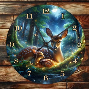 May include: Circular wall clock depicting a forest scene with two deer. The clock face has a dark blue background with a full moon, trees, and glowing lights. The clock hands are black, and the numbers are gold.