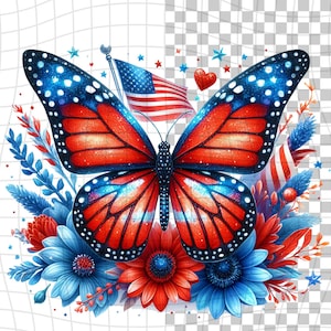 Patriotic Butterfly Watercolor Clipart, PNG Digital Clipart, Scrapbooking, Transparent Background,