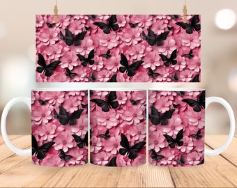 Sublimation Coffee Mug - 3D pink flowers and Black Butterflies - Coffee Mug Wrap PNG Design