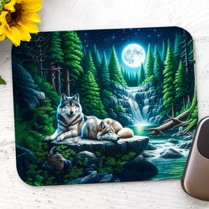 May include: A rectangular mousepad featuring a digital illustration of two wolves resting near a waterfall in a forest. The scene is set under a full moon and starry night sky, with vibrant green trees and flowing water.