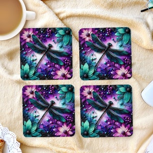 Sublimation Square Coasters - Alcohol Ink Dragonfly - Set of 4 Coaster Design - PNG Download