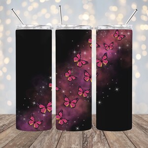 20oz Sublimation - Pink Galaxy Butterflies - Straight Tumbler Wrap - PNG Design- 20oz Skinny Tumbler Wrap Design