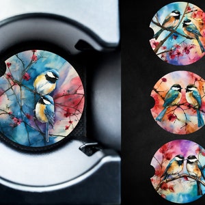 Sublimation Car Coasters - Alcohol Ink Chickadees - 4 Individual Car Coaster Designs - PNG Download