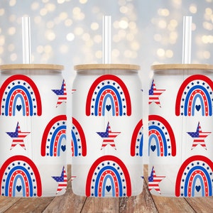 16oz Libbey Sublimation - Patriotic Boho Rainbow and Stars - Libbey Glass Can Wrap - PNG Design