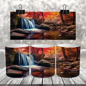 Autumn Waterfall Scene - Sublimation Coffee Mug Design i 15oz or 11oz PNG Wrap - Digital Download