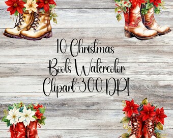 Clipart de Botas de Natal - 10 Clipart em Aquarela - Fundo Transparente - Scrapbooking - Gráficos PNG