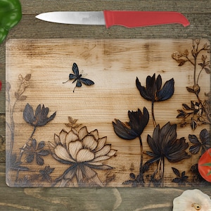 Glass Cutting Board Sublimation -Wood Burned Lotus Flowers - Cutting Board Design - 15.5 x 11.25 Inch - PNG Download-