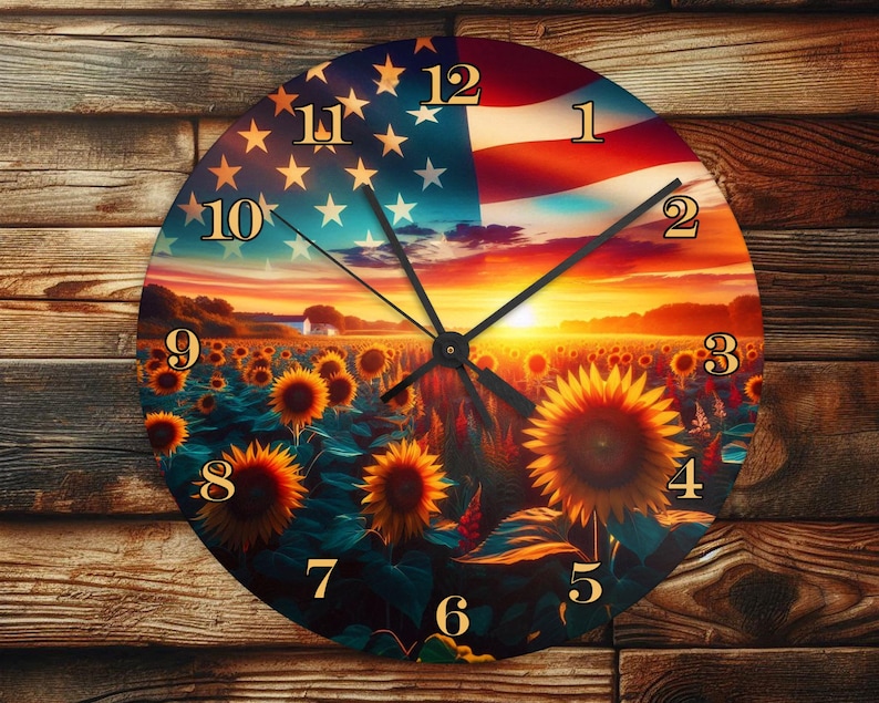 Sunflower Field With Patriotic Sky - Wall Clock Design - With Numbers ...