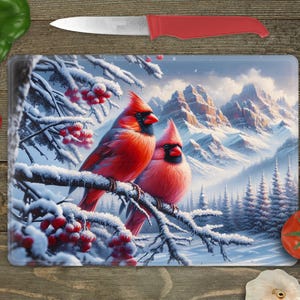 Glass Cutting Board Sublimation - Cardinals in Snowy Moutains - Cutting Board Design - 15.5 x 11.25 Inch - PNG Download-