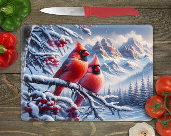 Glass Cutting Board Sublimation - Cardinals in Snowy Moutains - Cutting Board Design - 15.5 x 11.25 Inch - PNG Download-
