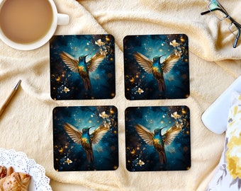 Sublimation Square Coasters - Blue and Gold Hummingbird - Set of 4 Coaster Design - PNG Download
