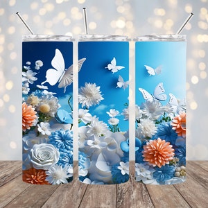20oz Sublimation - 3D Flowers and Butterflies - Straight Tumbler Wrap - PNG Design- 20oz Skinny Tumbler Wrap Design