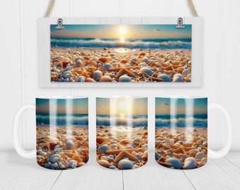 Sublimation Coffee Mug - 3D Seashells - Coffee Mug Wrap PNG Design