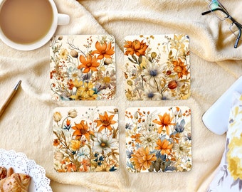 Sublimation Square Coasters - Autunn Botanical Flowers - Set of 4 Coaster Design - PNG Download