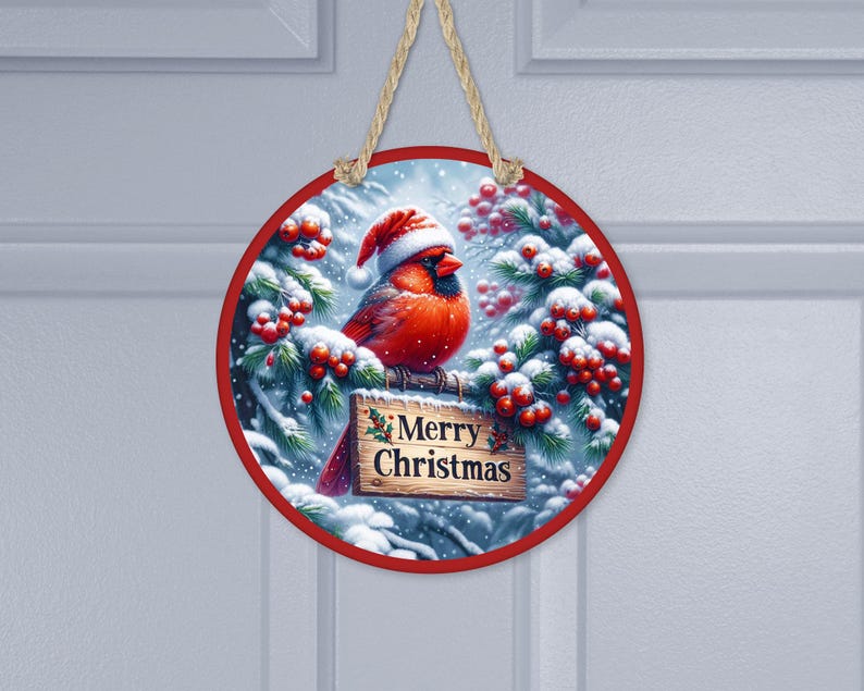 Round Sublimation Door Hanger PNG Design- Cardinal Merry Christmas - 12 ...