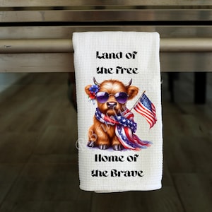 Land of The Free - Patriotic Highland Cow - Kitchen Towel Sublimation Designs - PNG Design - Digital Download