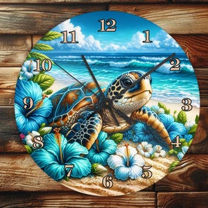 May include: Round wall clock featuring a sea turtle on a sandy beach with blue hibiscus flowers. The clock face has a blue sky and ocean background. Black clock hands point to the time. The clock is surrounded by a wooden frame.